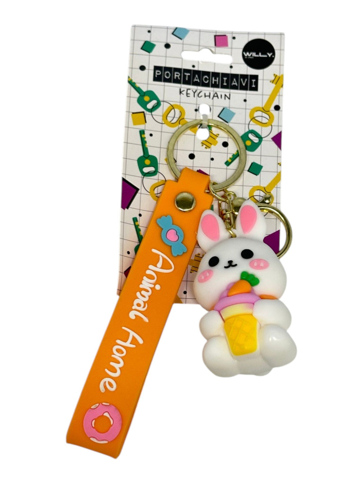 Quattro portachiavi kawaii con animaletti teneri: gattino bianco, orso marrone, coniglio giallo e creatura marina azzurra, ci