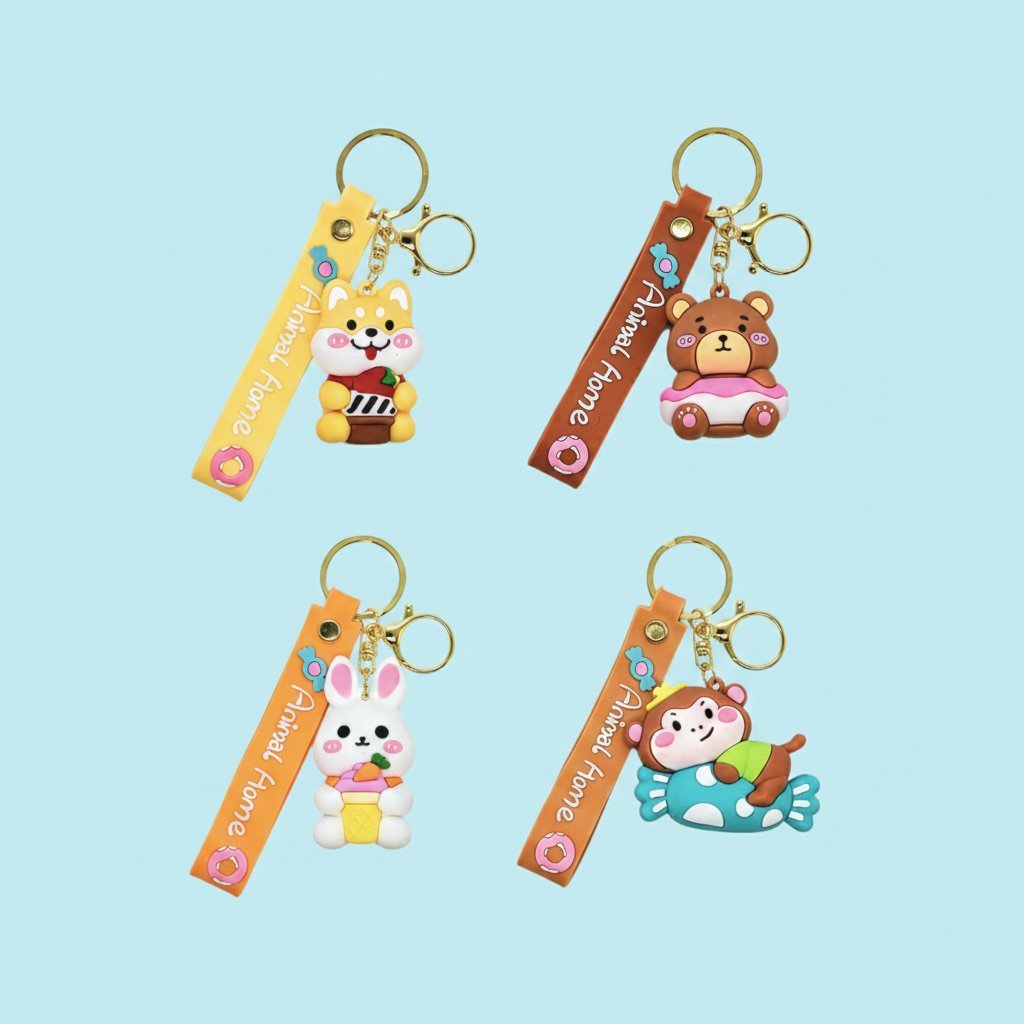 Quattro portachiavi kawaii con animaletti teneri: gattino bianco, orso marrone, coniglio giallo e creatura marina azzurra, ci