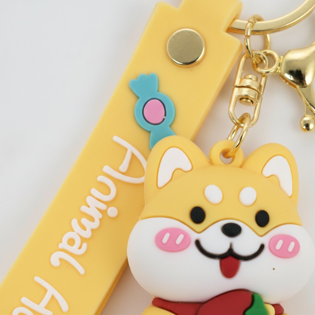 Quattro portachiavi kawaii con animaletti teneri: gattino bianco, orso marrone, coniglio giallo e creatura marina azzurra, ci