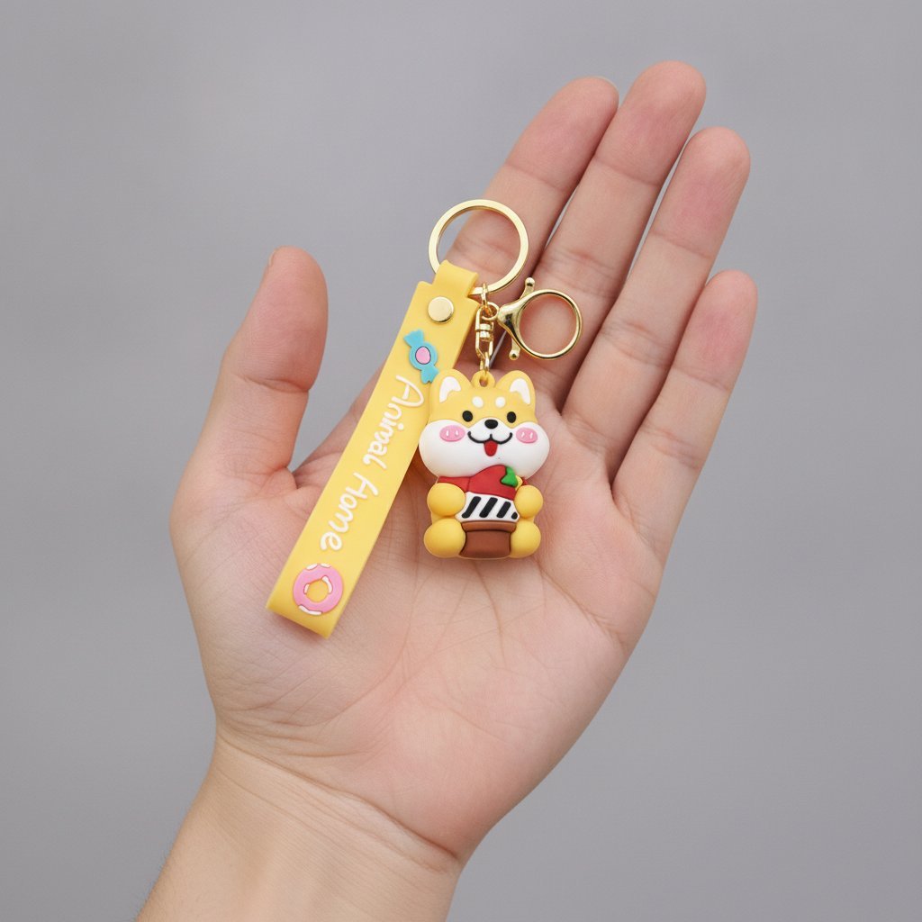Quattro portachiavi kawaii con animaletti teneri: gattino bianco, orso marrone, coniglio giallo e creatura marina azzurra, ci