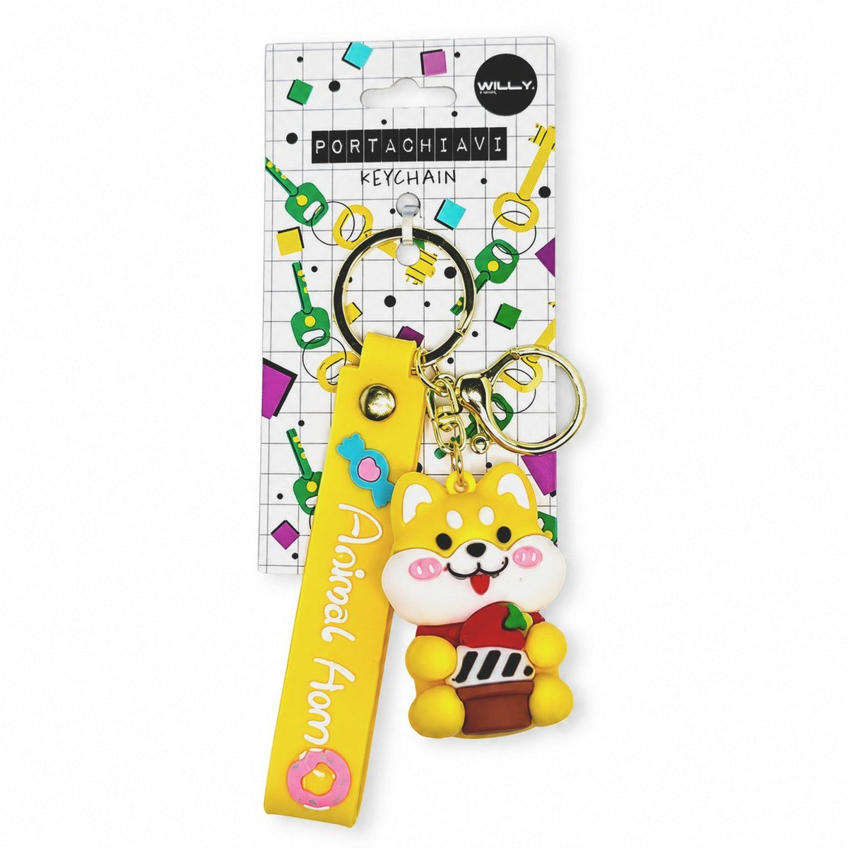 Quattro portachiavi kawaii con animaletti teneri: gattino bianco, orso marrone, coniglio giallo e creatura marina azzurra, ci