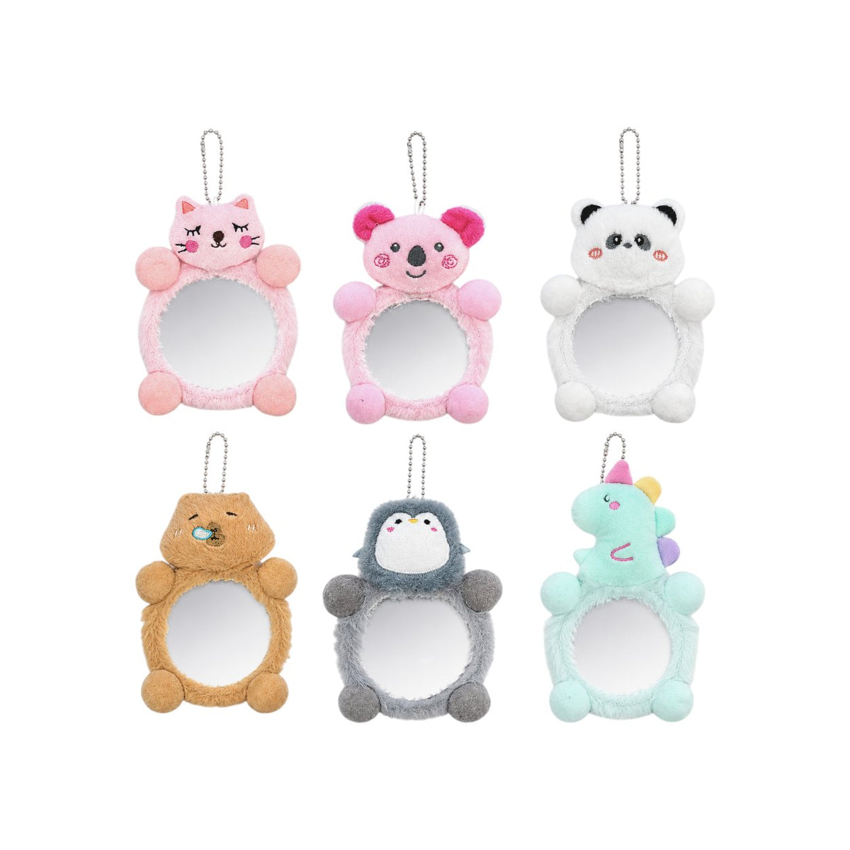 Set di sei mini specchi peluche con animaletti kawaii in colori pastello, gatto rosa, koala rosa, panda bianco, orso marrone,