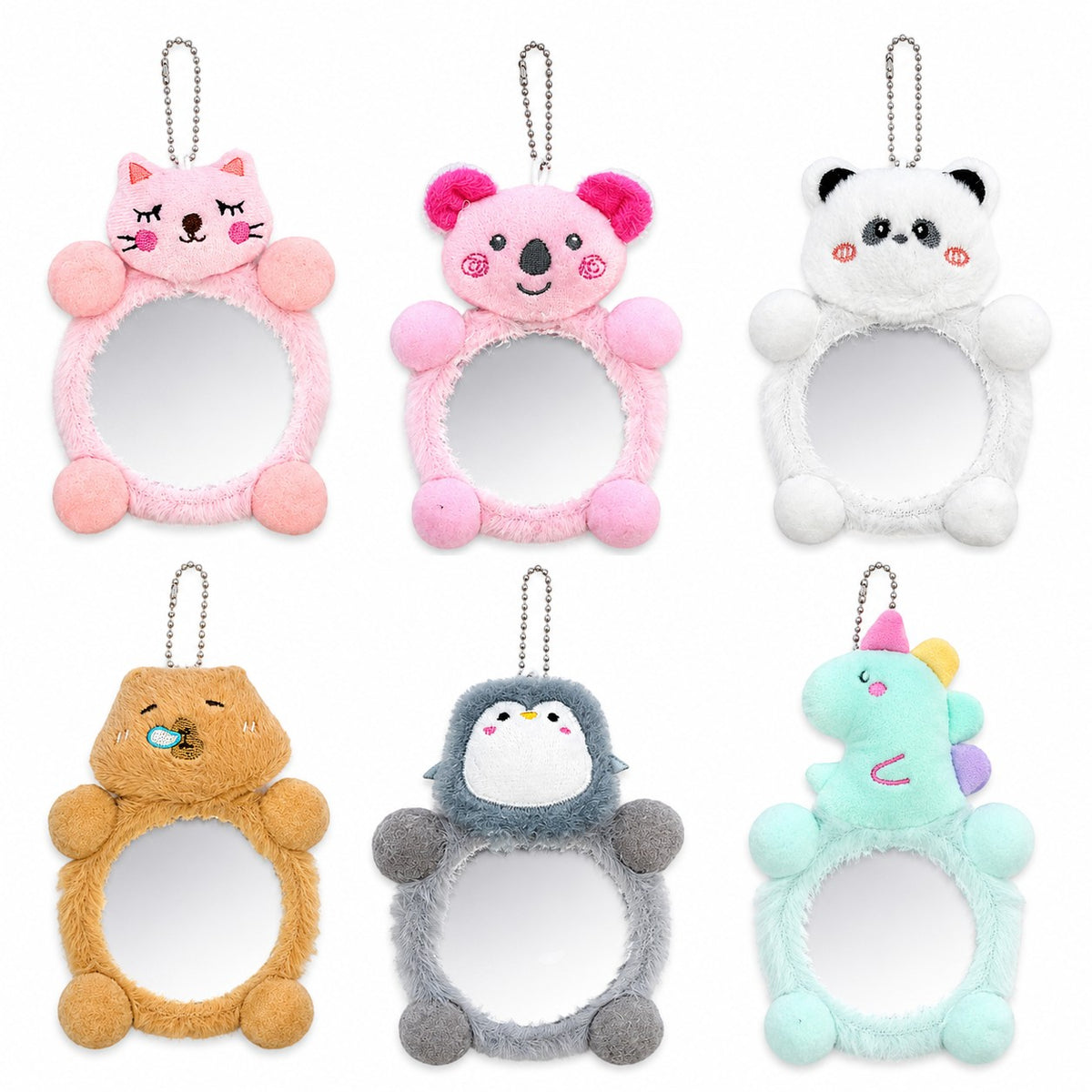 Sei specchietti da borsa in peluche a forma di gatto, koala, panda, capibara, pinguino e dinosauro.