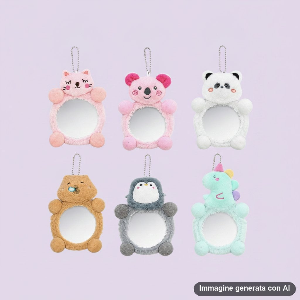 Sei specchietti da borsa in peluche a forma di gatto, koala, panda, capibara, pinguino e dinosauro.