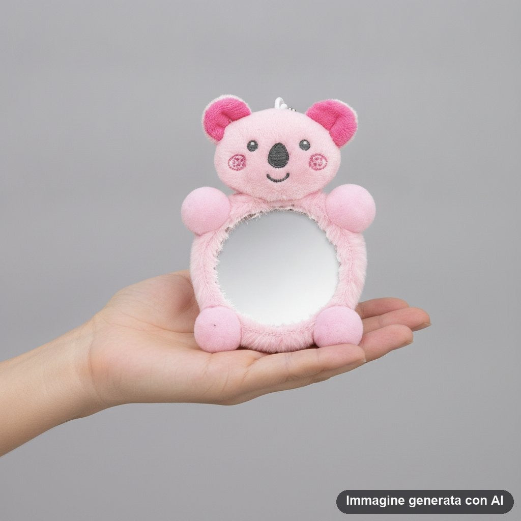 Sei specchietti da borsa in peluche a forma di gatto, koala, panda, capibara, pinguino e dinosauro.