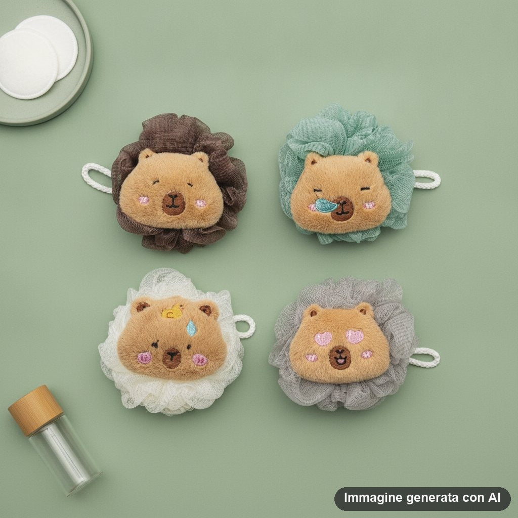 Quattro spugne da bagno in rete con musetto di capibara ricamato nei toni marrone, verde, bianco e grigio