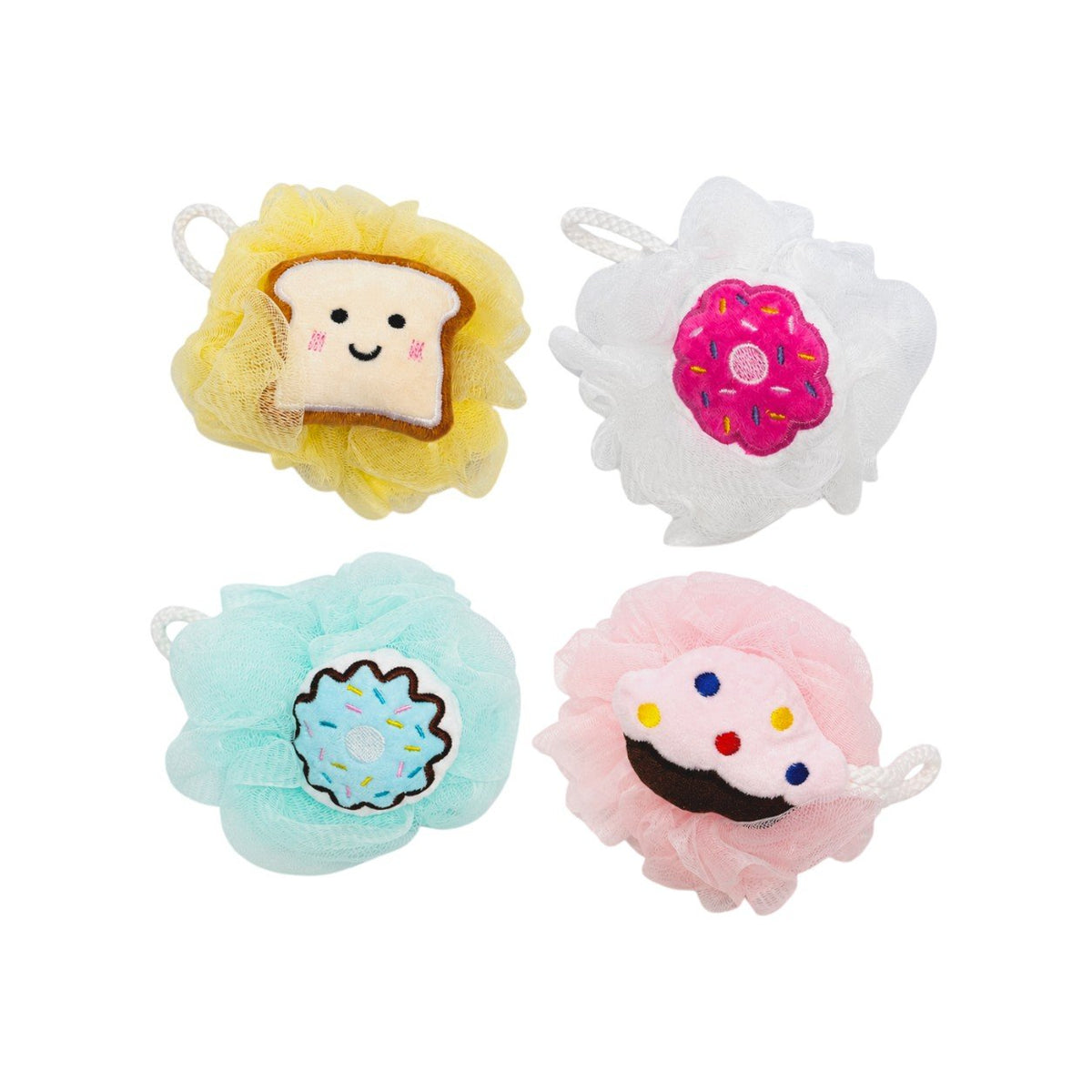 Set di quattro spugne da bagno morbide con design kawaii: pane tostato giallo, donut rosa, donut azzurro e cuoricino bianco c