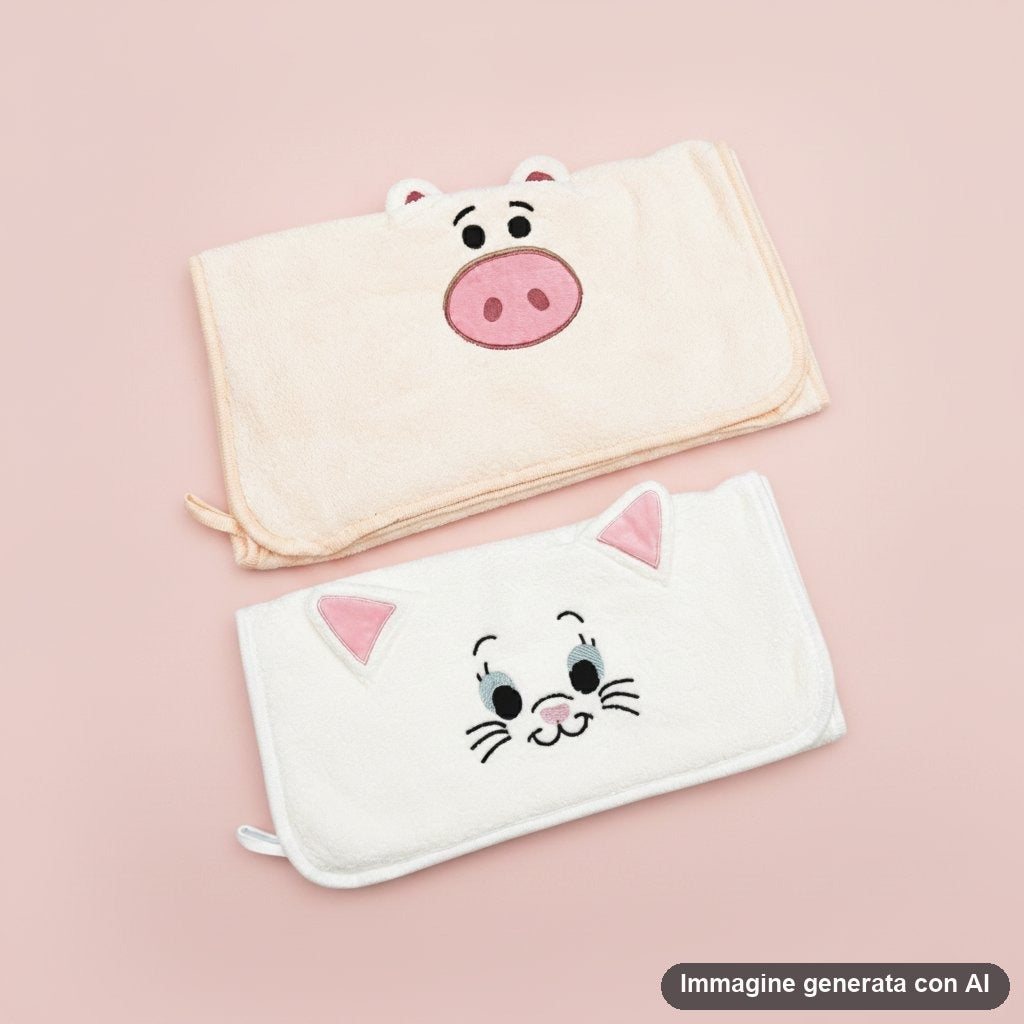 Due asciugamani in spugna con muso di maialino rosa e di gattino bianco ricamati.