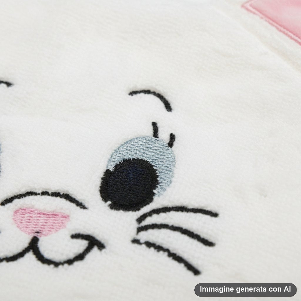 Due asciugamani in spugna con muso di maialino rosa e di gattino bianco ricamati.