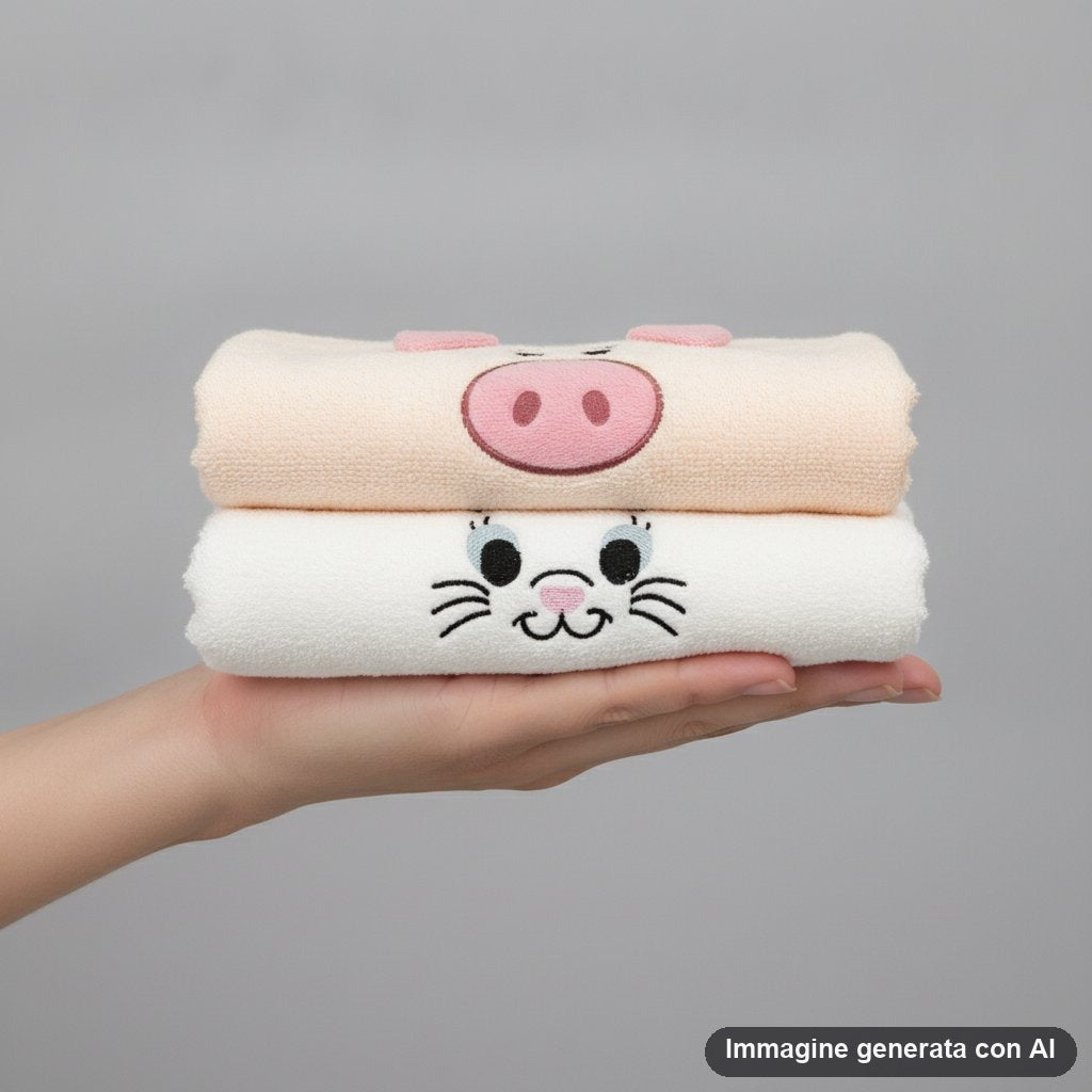 Due asciugamani in spugna con muso di maialino rosa e di gattino bianco ricamati.