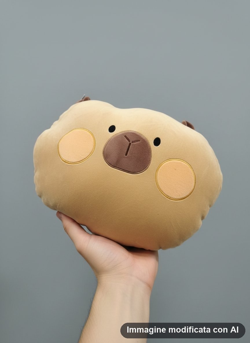 Cuscino sagomato morbido beige a forma di testa di capibara con guance arancioni e orecchie marroni