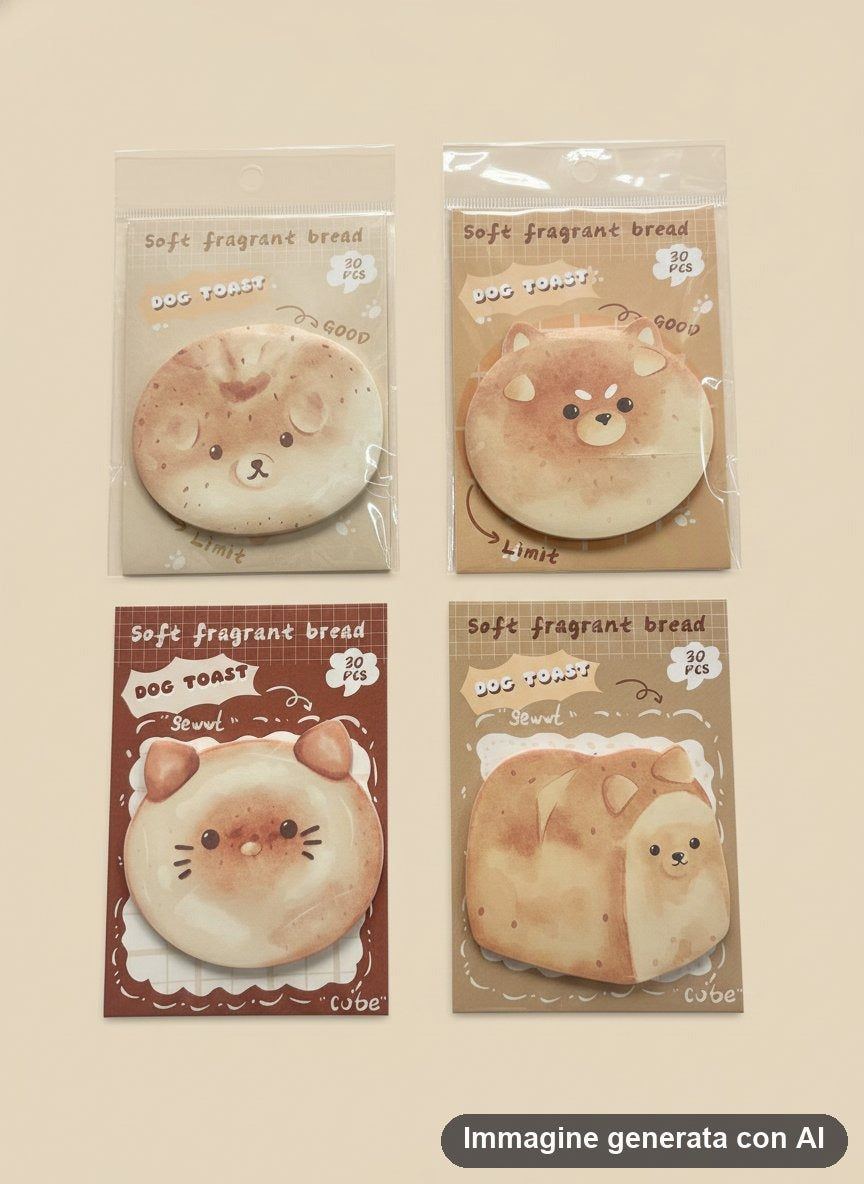 Quattro blocchetti di foglietti adesivi a forma di toast e pane con musi di gatto e cagnolino.