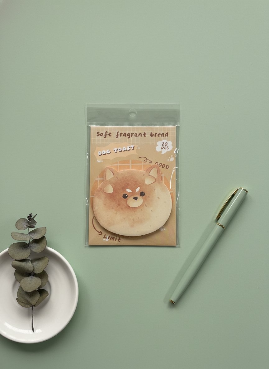 Confezione di sticky notes a forma di pane tostato con facce di gatto kawaii, disponibili in 4 varianti colorate