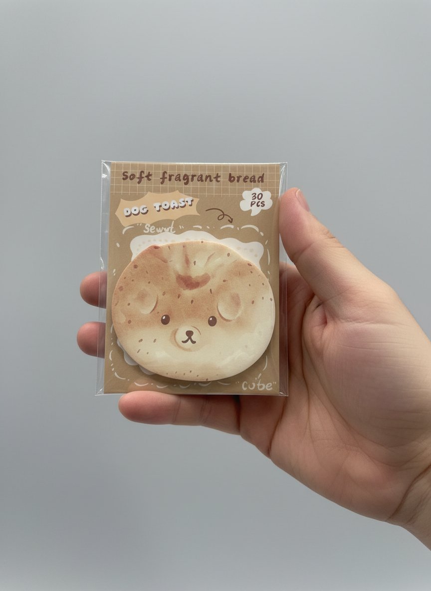 Confezione di sticky notes a forma di pane tostato con facce di gatto kawaii, disponibili in 4 varianti colorate