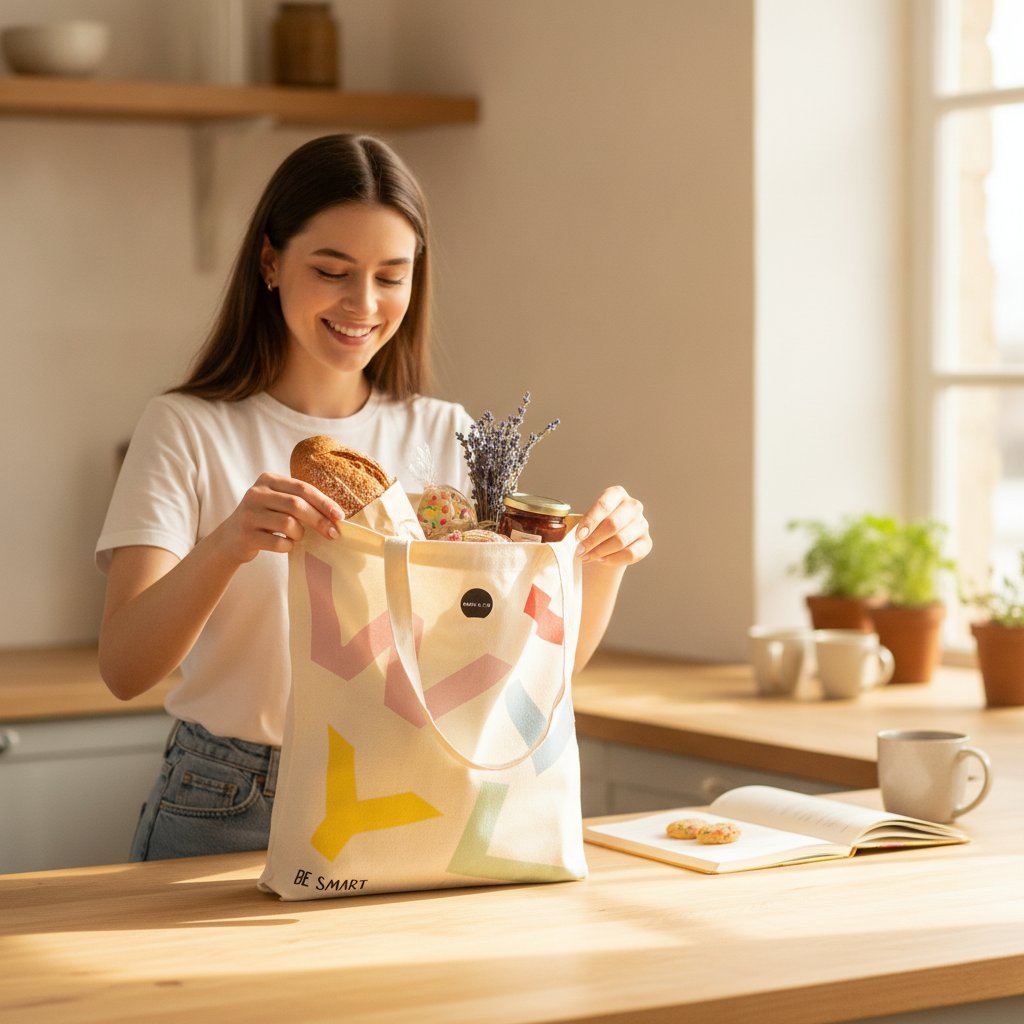 Shopper in tela naturale con stampa geometrica colorata in rosa, giallo, blu e verde, con scritta BE SMART
