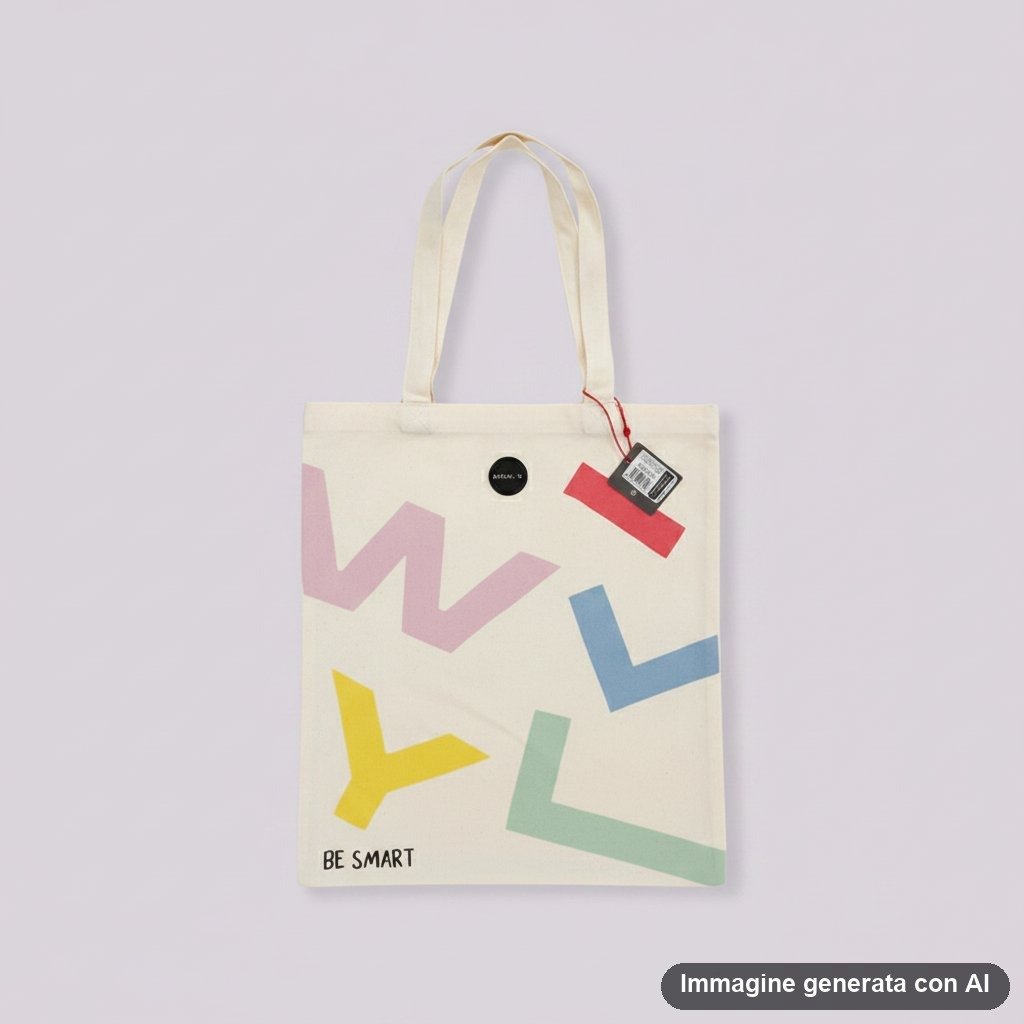 Shopper in tela naturale con stampa geometrica colorata in rosa, giallo, blu e verde, con scritta BE SMART