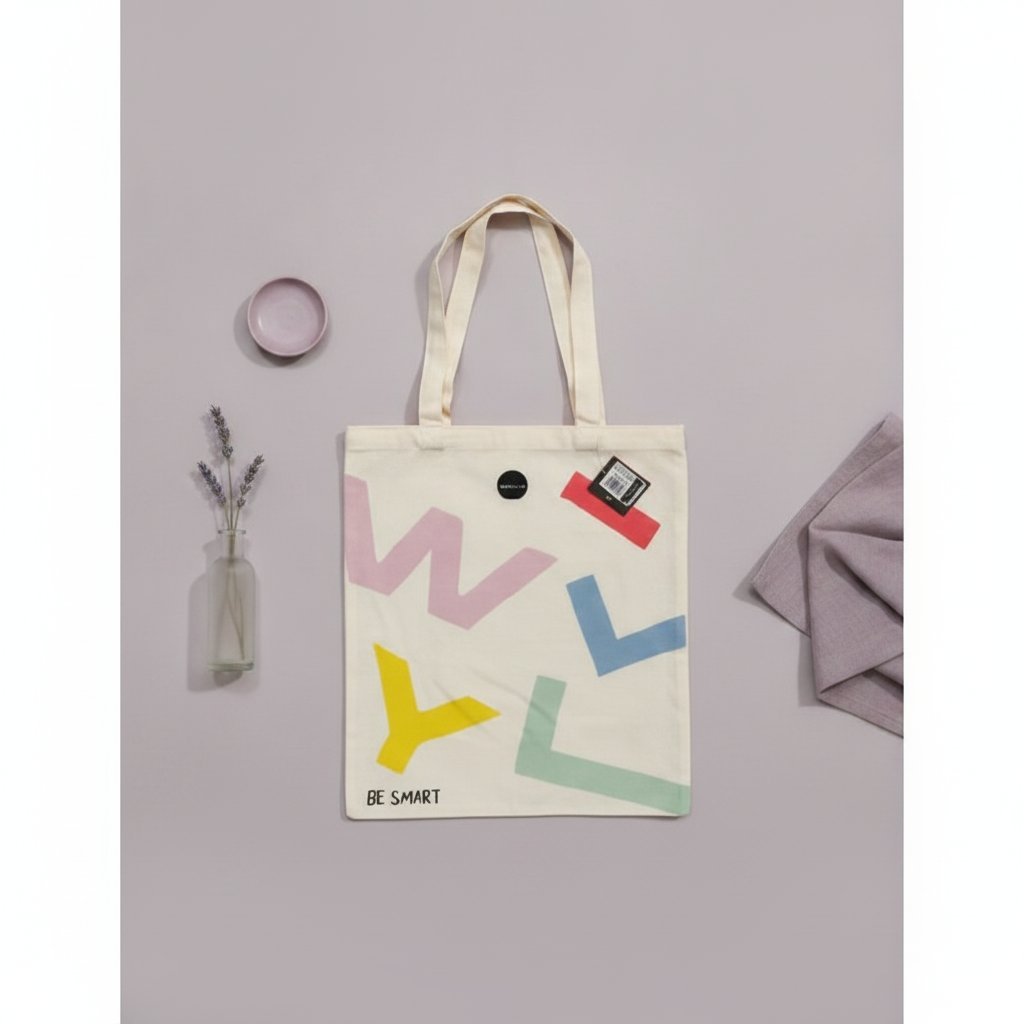 Shopper in tela naturale con stampa geometrica colorata in rosa, giallo, blu e verde, con scritta BE SMART