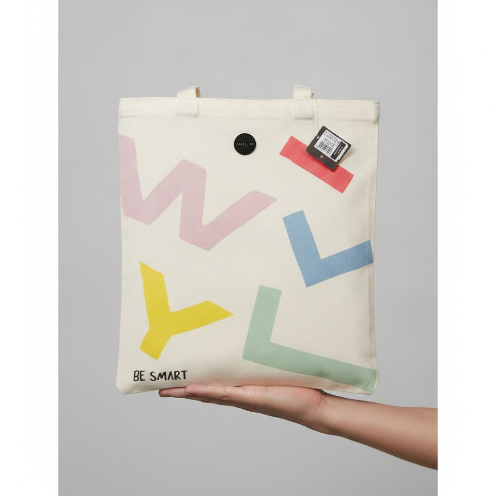 Shopper in tela naturale con stampa geometrica colorata in rosa, giallo, blu e verde, con scritta BE SMART