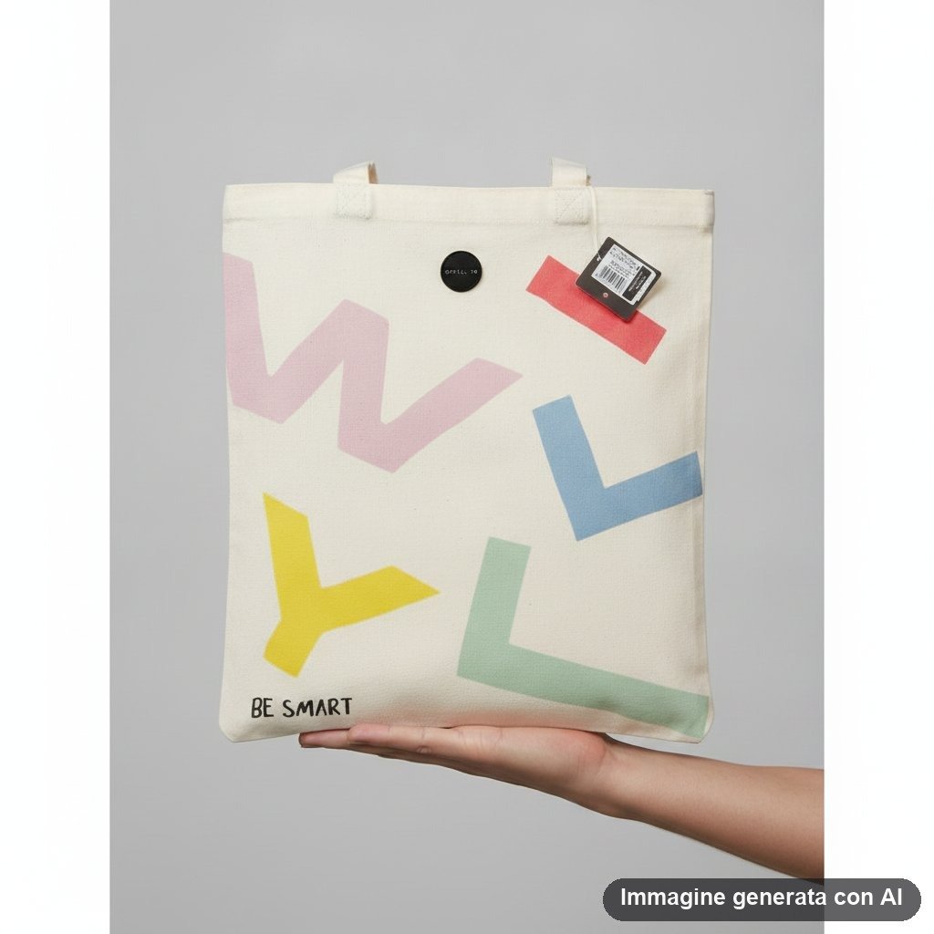Shopper in tela naturale con stampa geometrica colorata in rosa, giallo, blu e verde, con scritta BE SMART