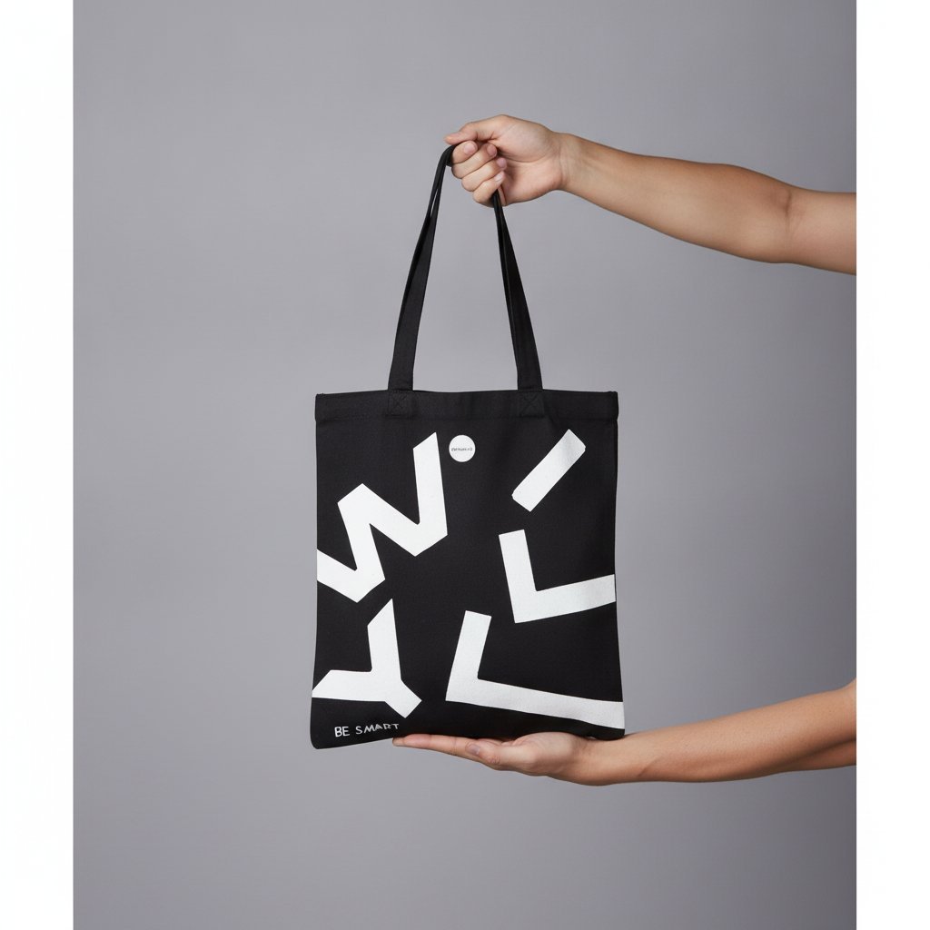 Shopper nera in tessuto con forme geometriche bianche astratte e logo Willy Be Smart