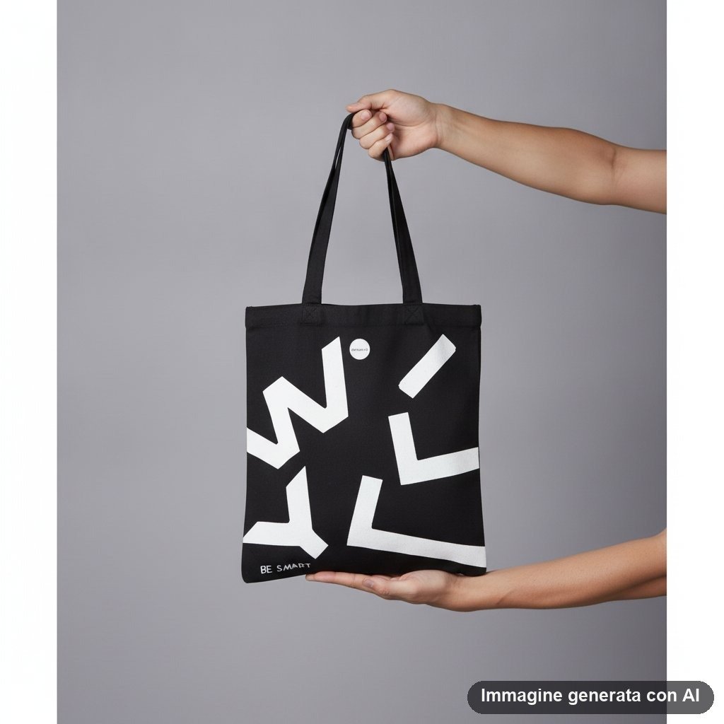 Shopper nera in tessuto con forme geometriche bianche astratte e logo Willy Be Smart