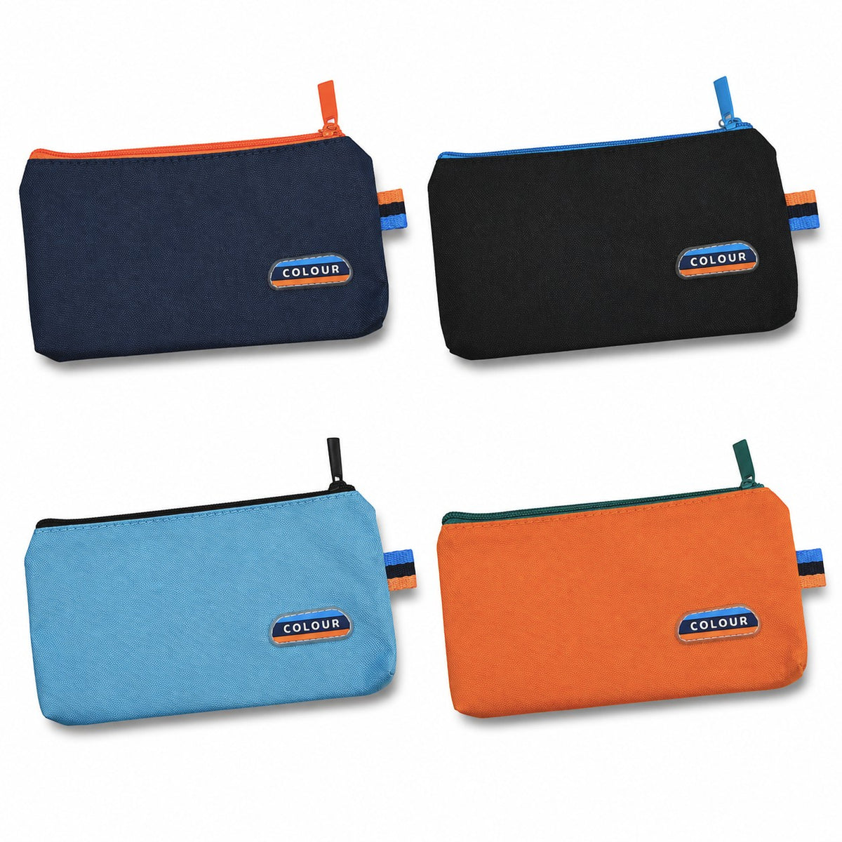 Quattro astucci portapenne in tessuto tinta unita blu, nero, azzurro e arancione con zip colorata.