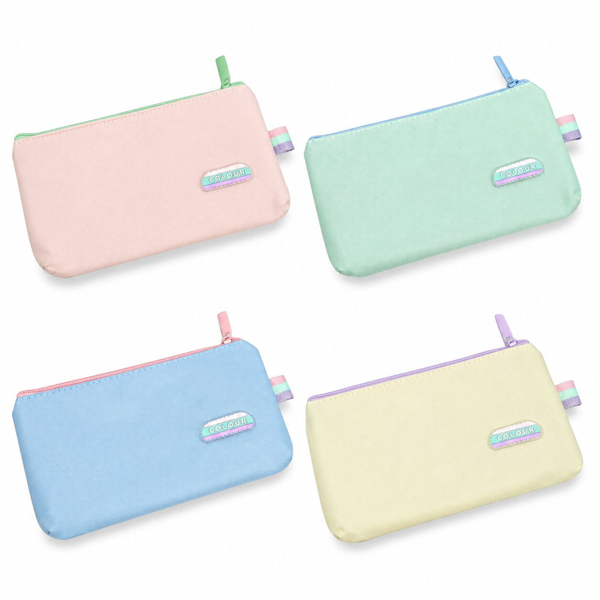 Quattro astucci portapenne piatti con cerniera in tinte pastello rosa, verde, azzurro e giallo