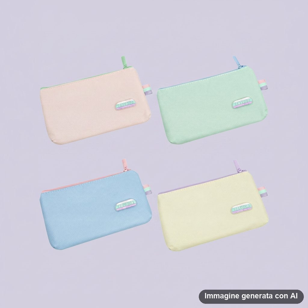 Quattro astucci portapenne piatti con cerniera in tinte pastello rosa, verde, azzurro e giallo