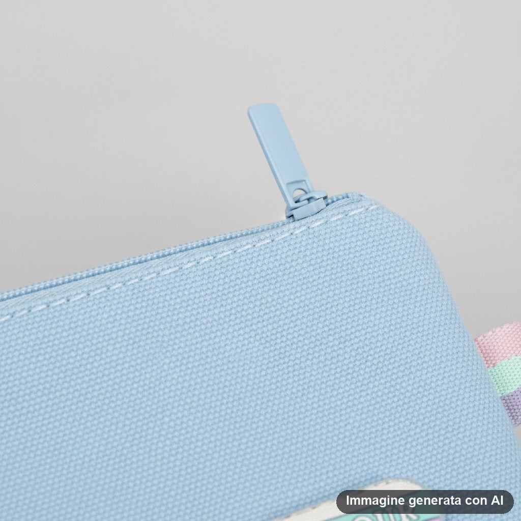 Quattro astucci portapenne piatti con cerniera in tinte pastello rosa, verde, azzurro e giallo