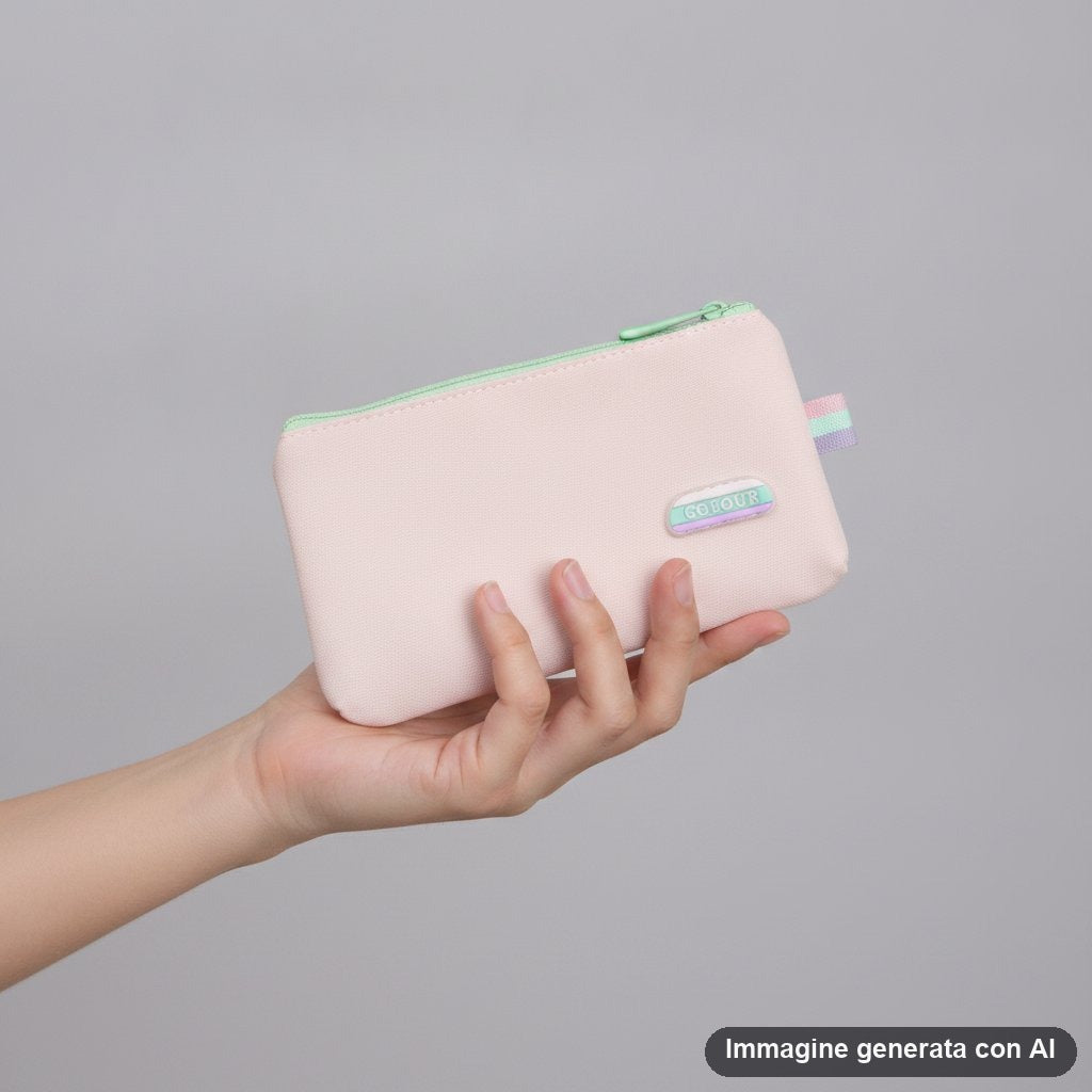 Quattro astucci portapenne piatti con cerniera in tinte pastello rosa, verde, azzurro e giallo