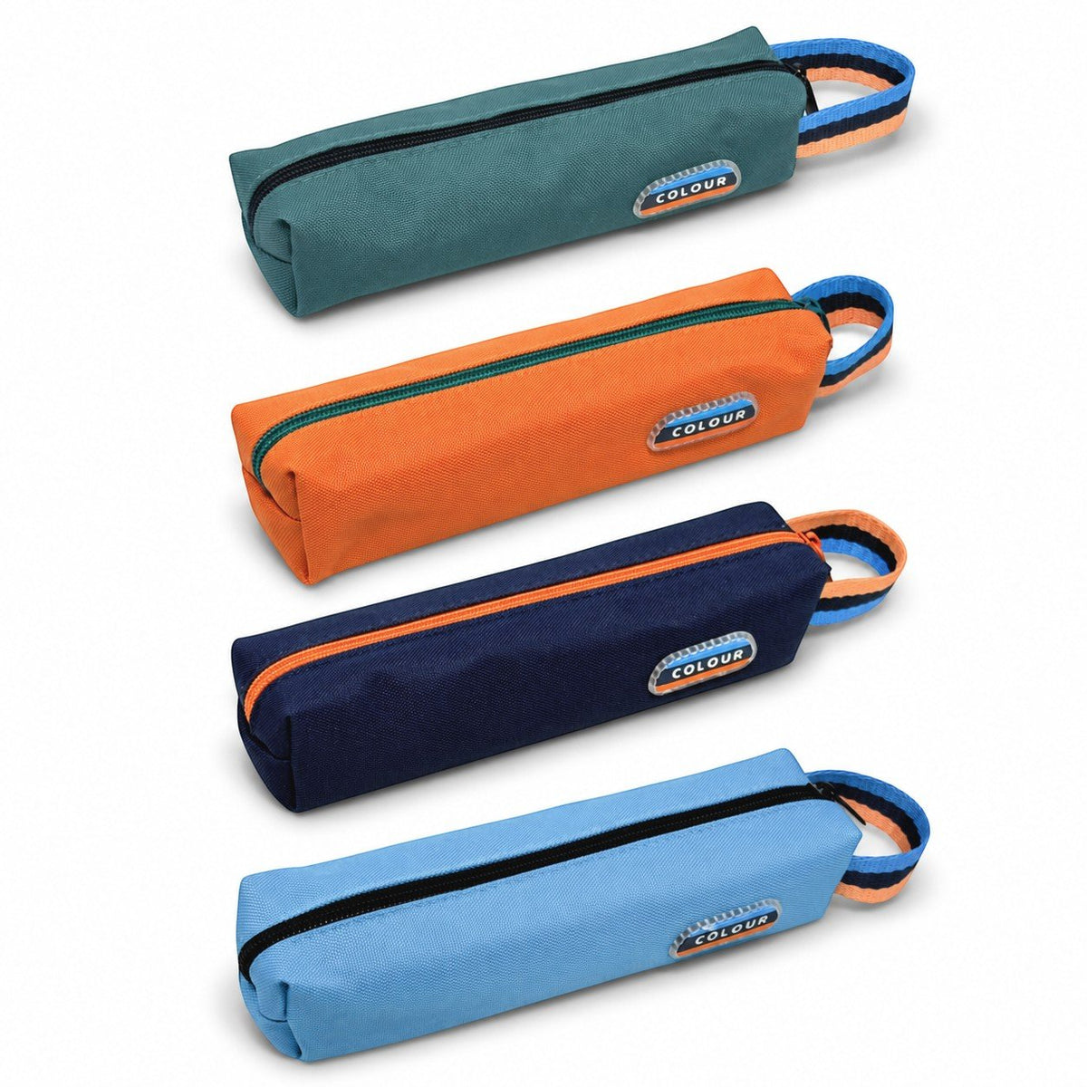Quattro astucci portapenna cilindrici in diversi colori con zip e manico, disposti in fila