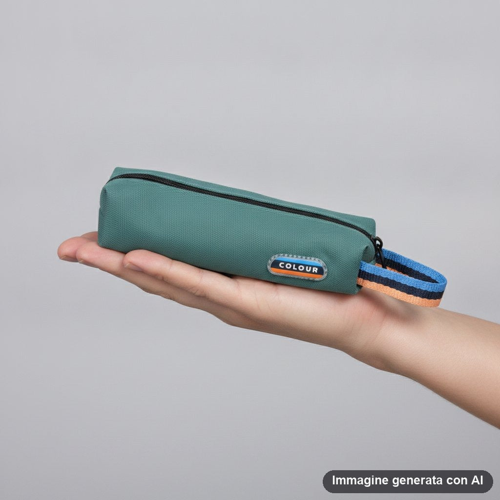 Quattro astucci portapenne a tubo con cerniera e passante a righe, in verde, arancione, blu e azzurro
