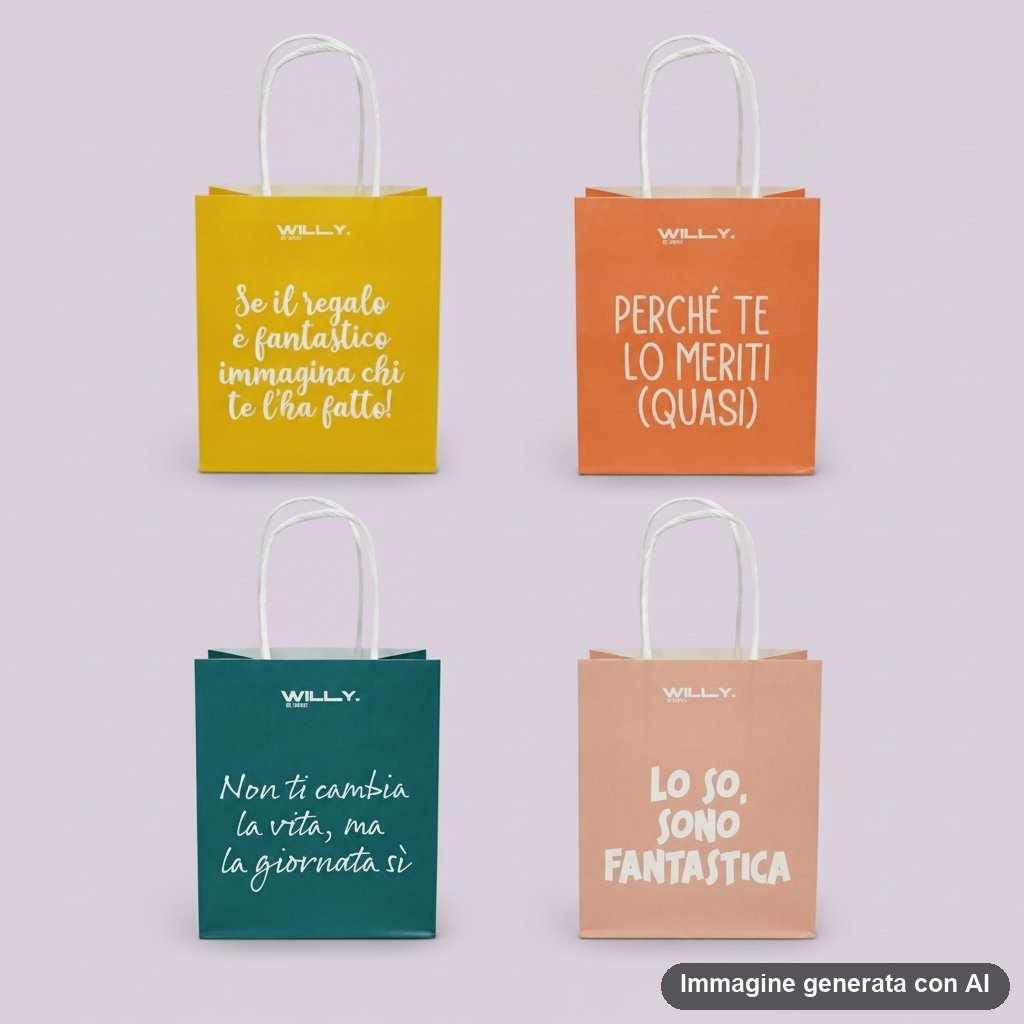 Quattro shopper colorate con frasi motivazionali ironiche e manici bianchi, palette pastello e colori vivaci