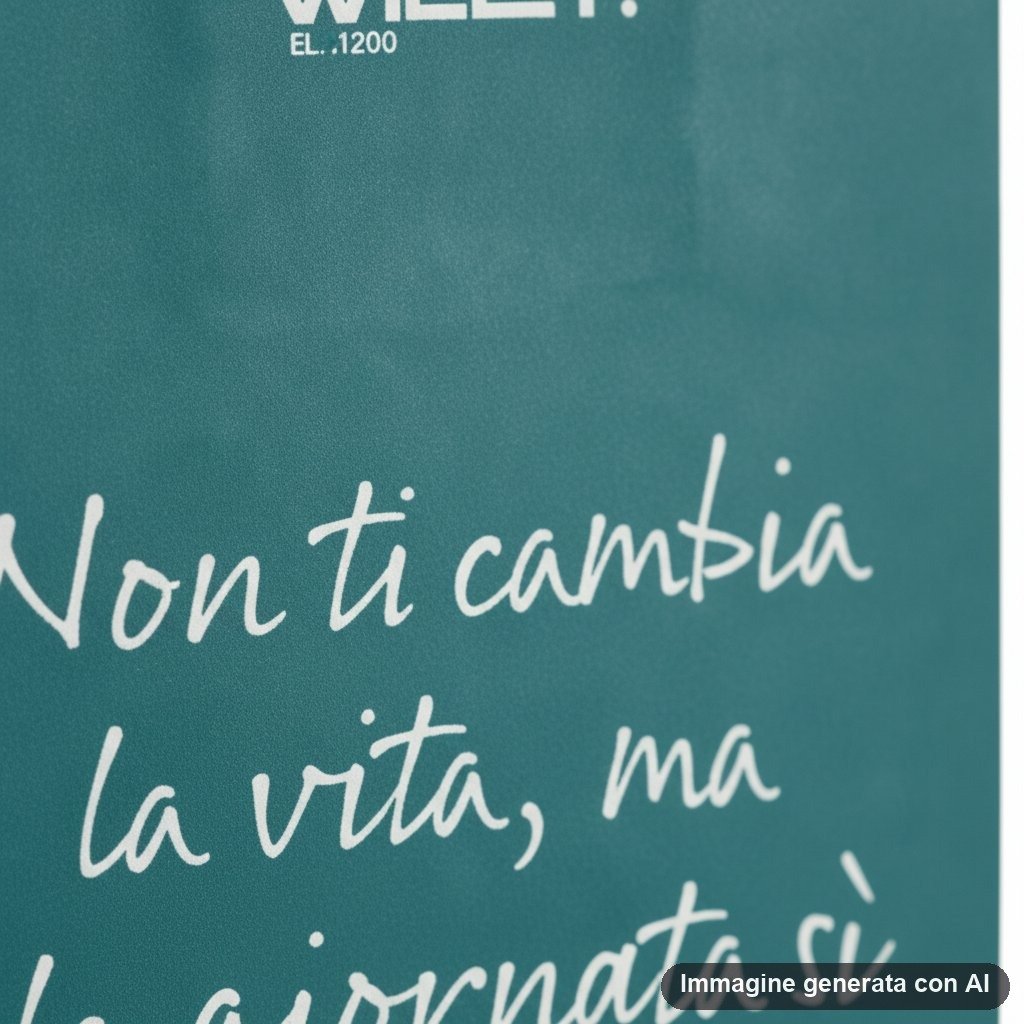 Quattro shopper colorate con frasi motivazionali ironiche e manici bianchi, palette pastello e colori vivaci