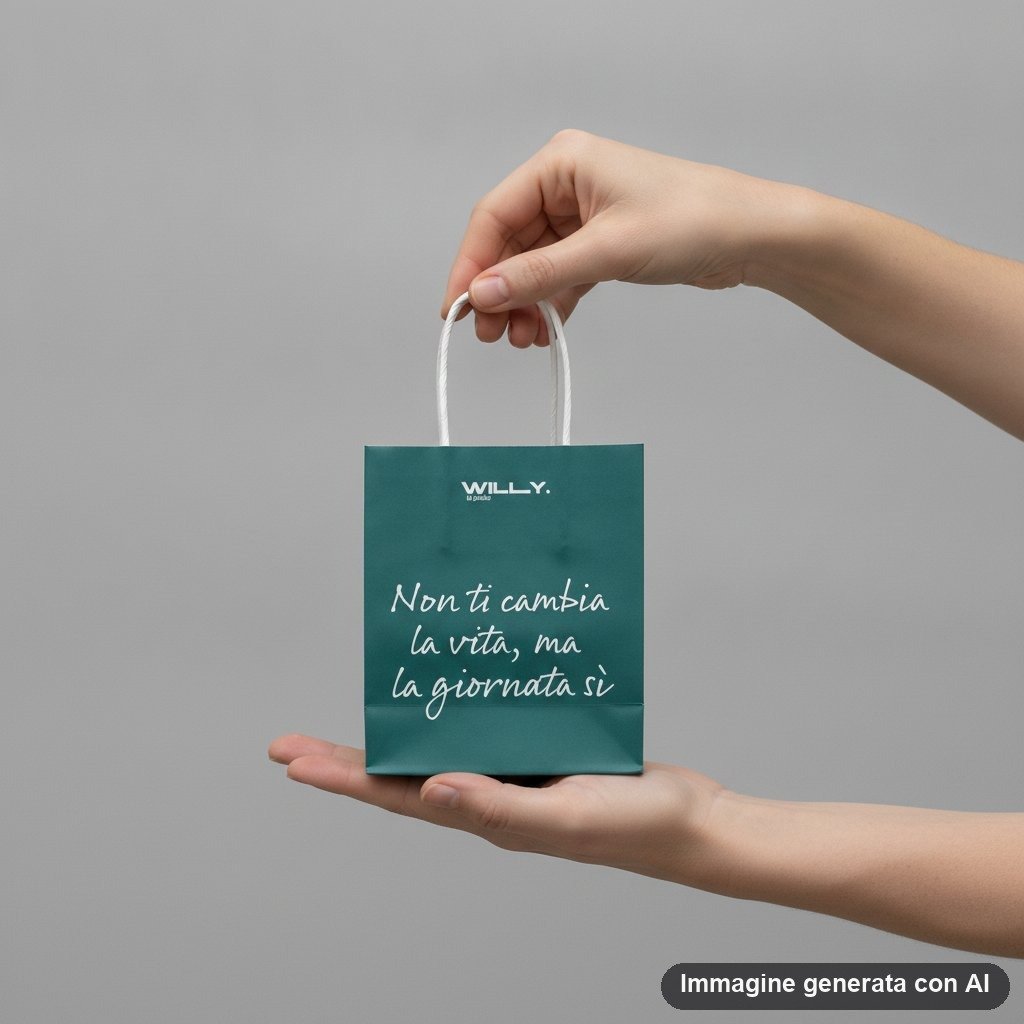 Quattro shopper colorate con frasi motivazionali ironiche e manici bianchi, palette pastello e colori vivaci