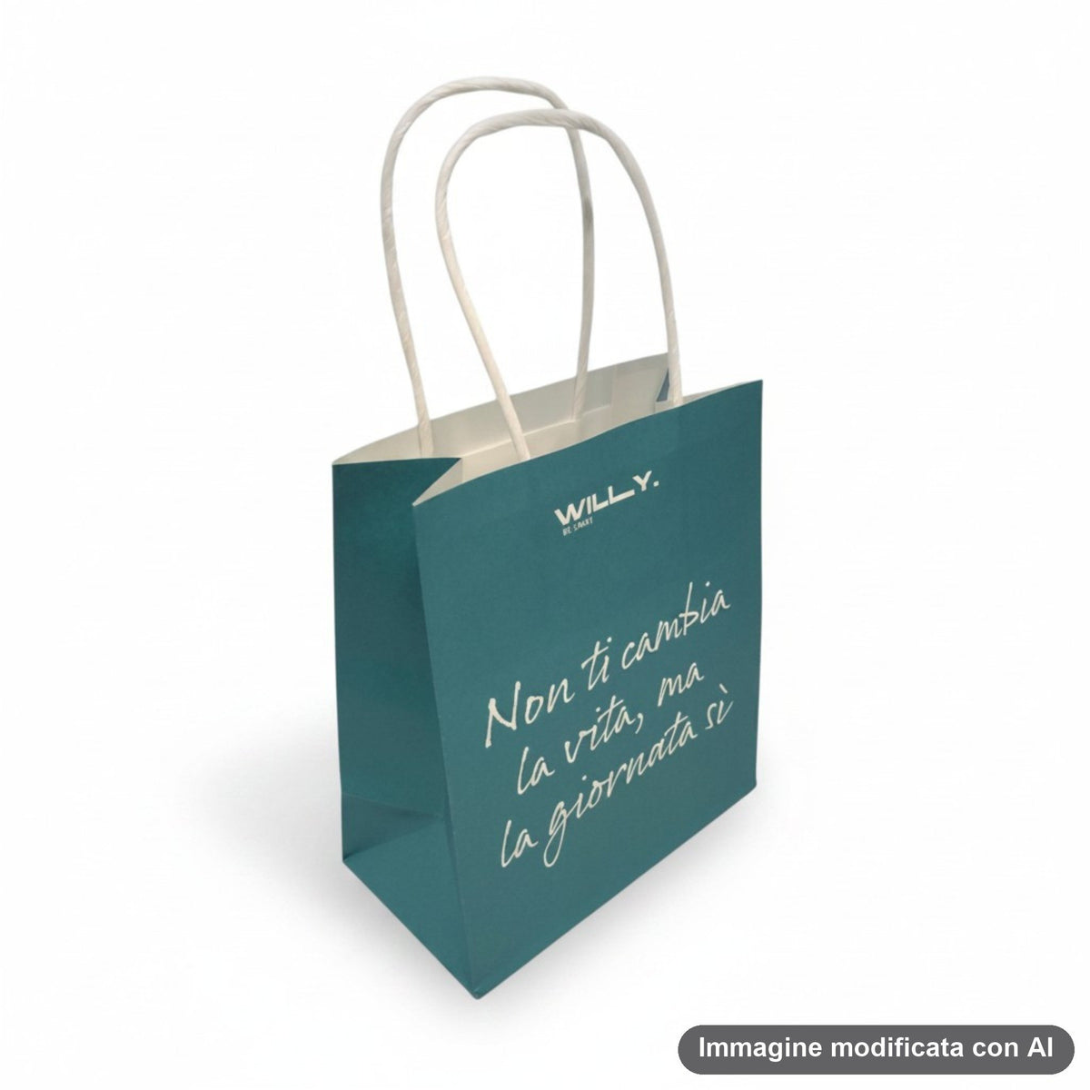Quattro shopper colorate con frasi motivazionali ironiche e manici bianchi, palette pastello e colori vivaci