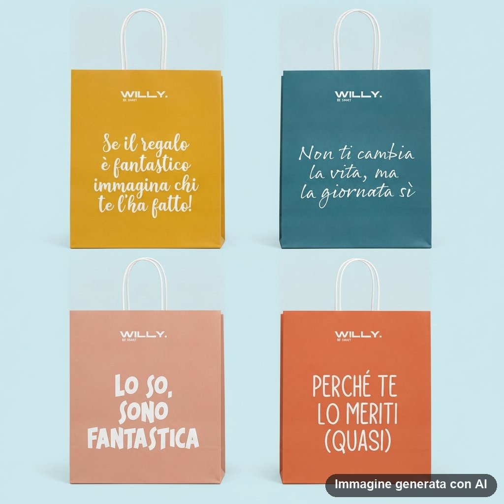 Set di quattro shopper medie in colori vivaci giallo, turchese, rosa e arancio con frasi motivazionali italiane stampate e ma