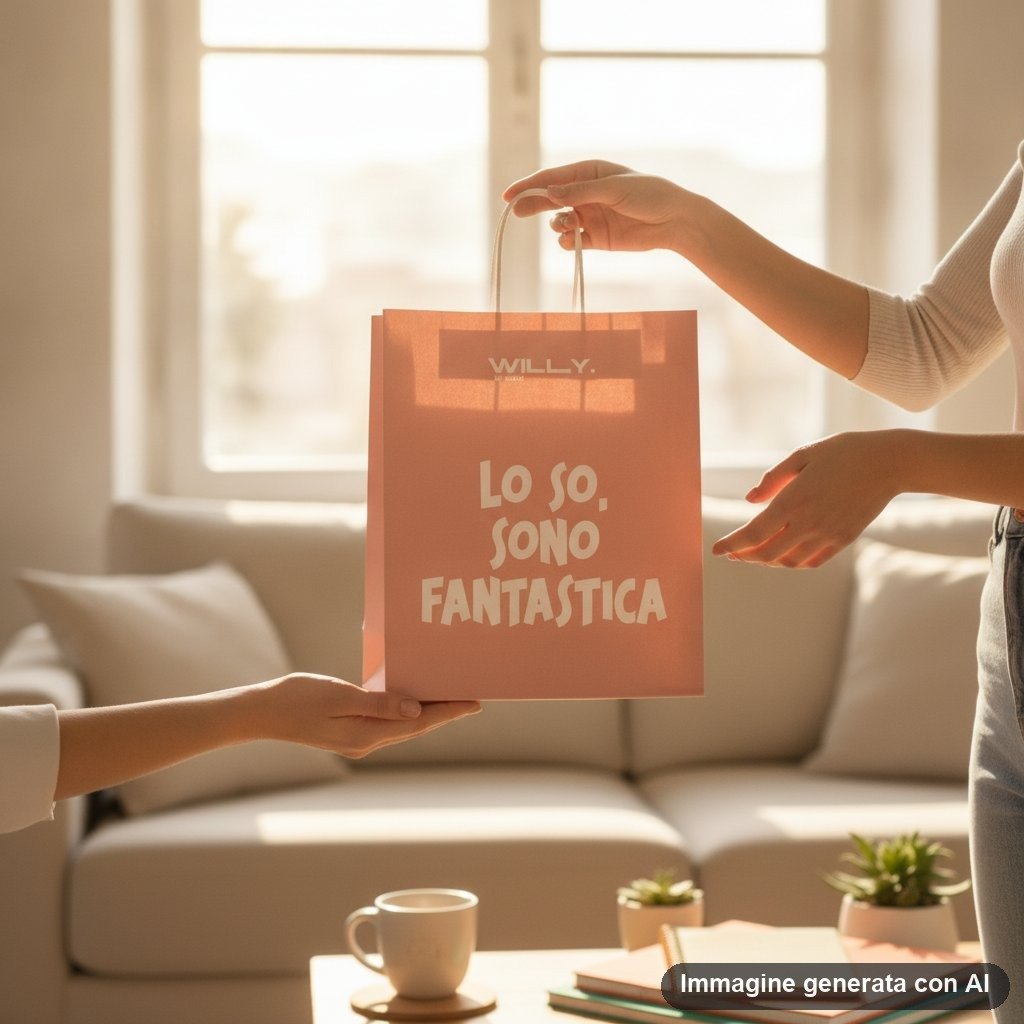 Quattro shopper colorate giallo, turchese, rosa e arancio con frasi ironiche scritte in bianco e manici in corda