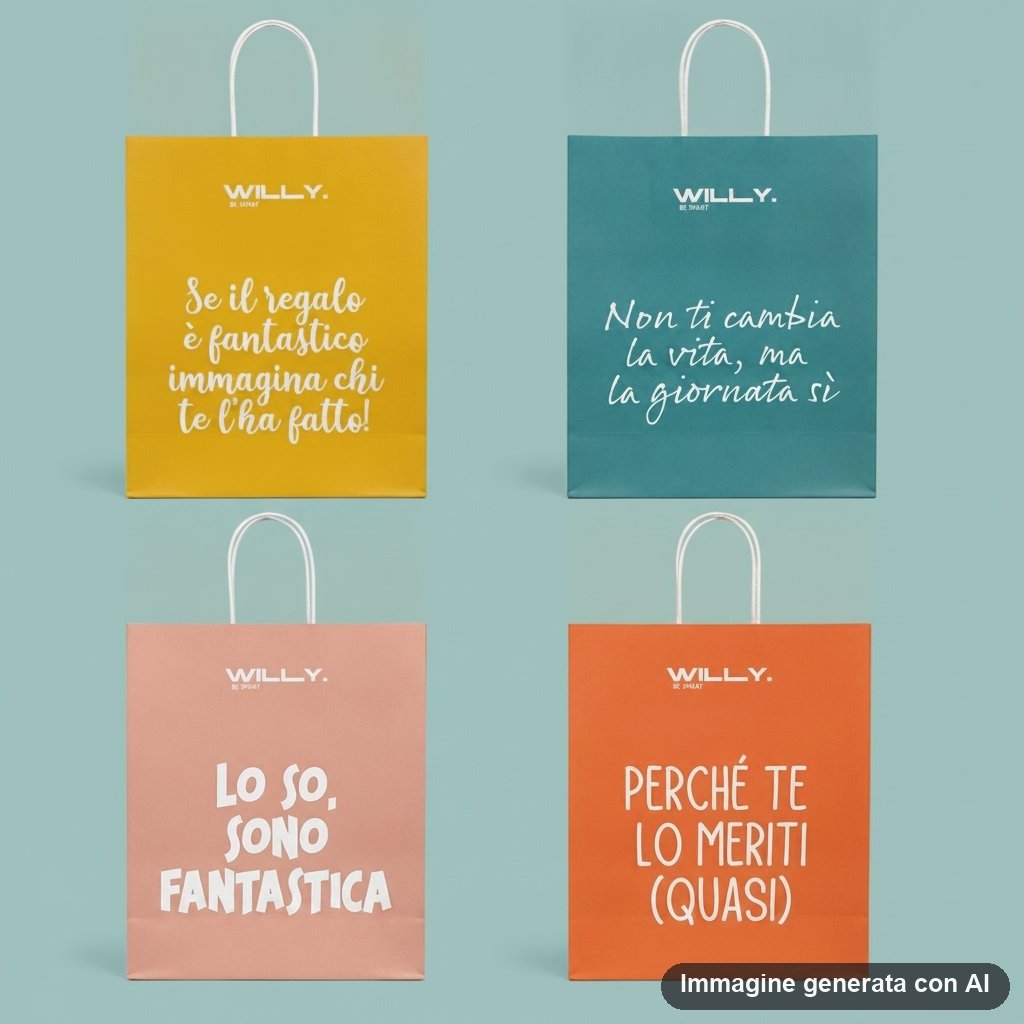 Quattro shopper colorate giallo, turchese, rosa e arancio con frasi ironiche scritte in bianco e manici in corda