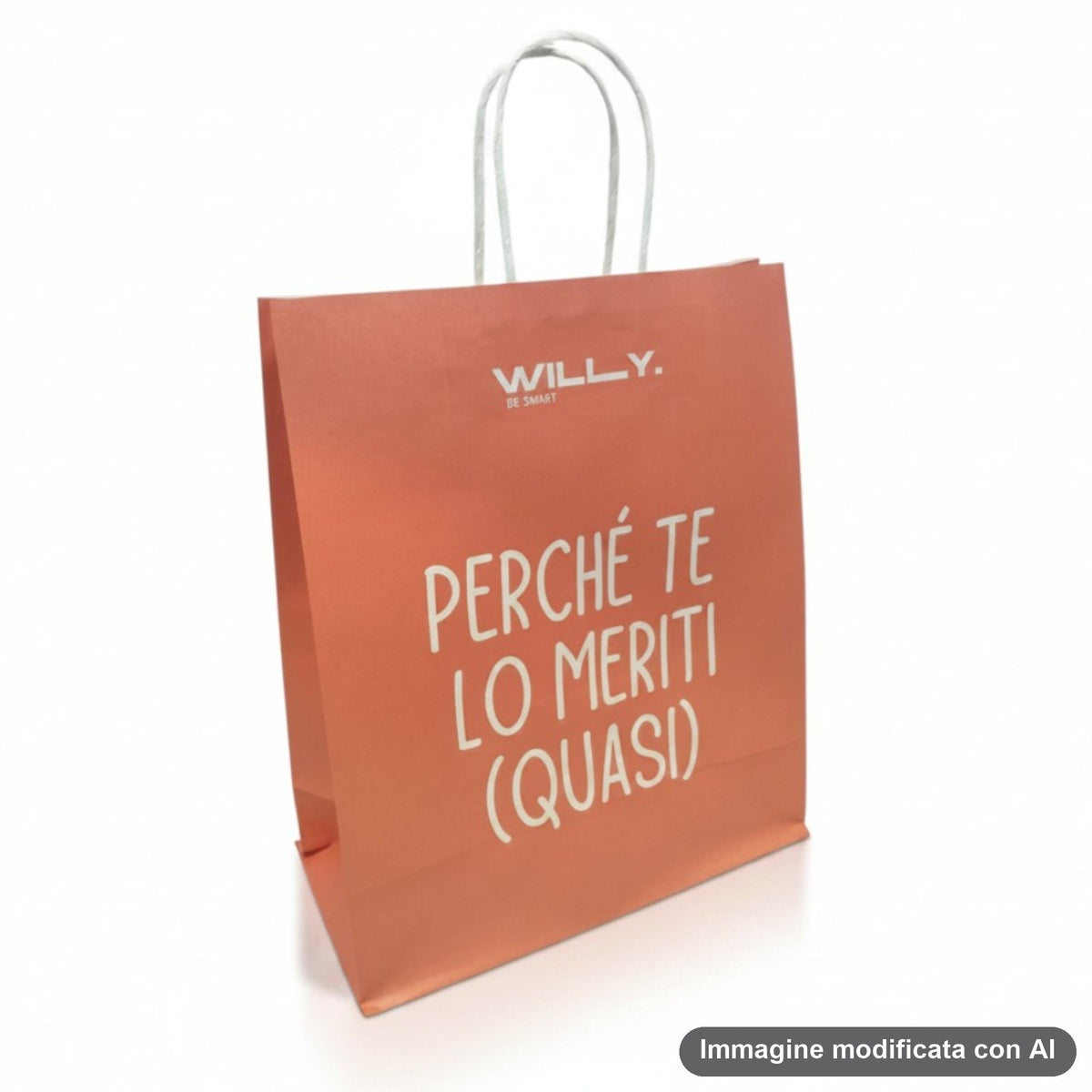 Quattro shopper colorate giallo, turchese, rosa e arancio con frasi ironiche scritte in bianco e manici in corda