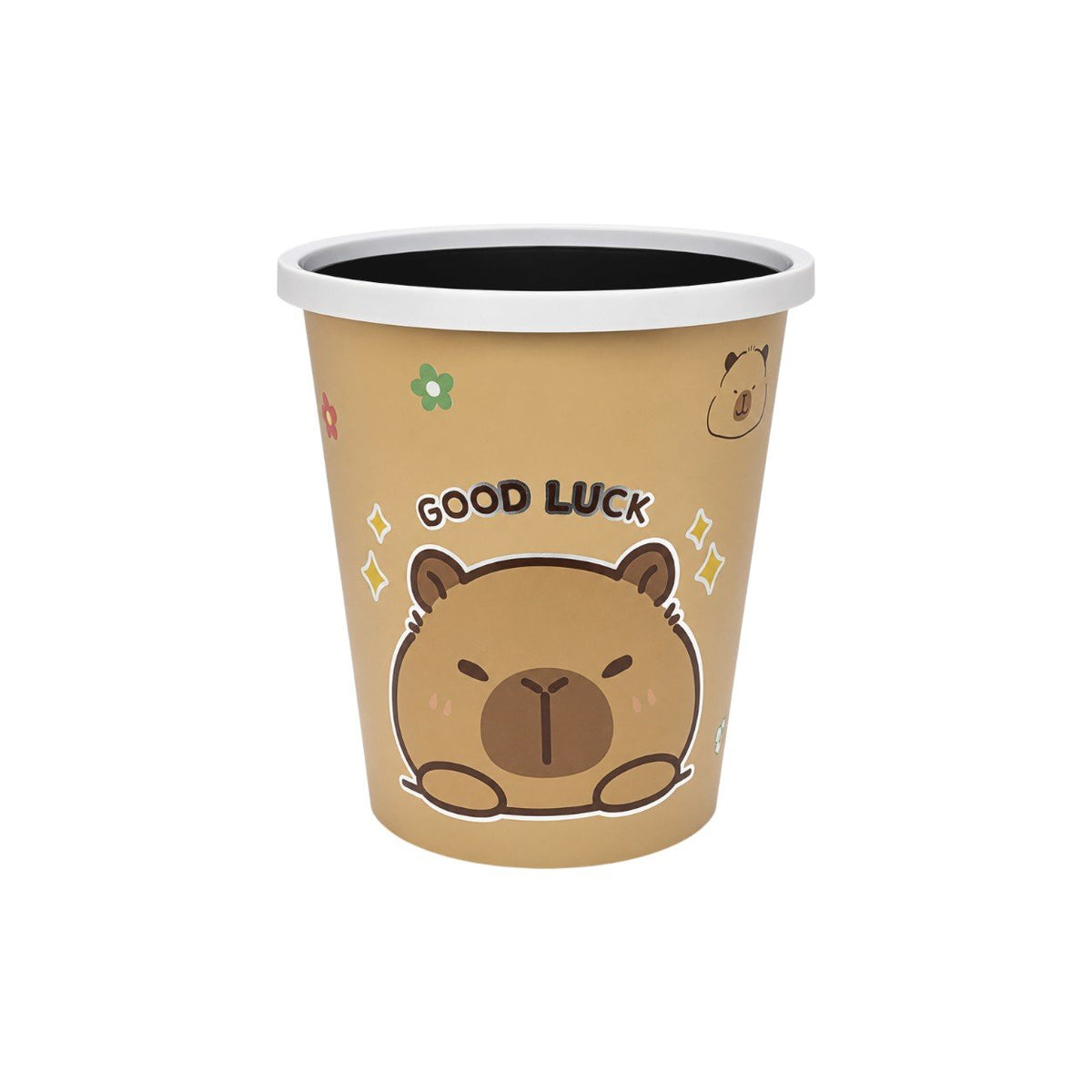Cestino beige con capibara marrone kawaii e scritta Good Luck, fiori e stelline decorative, bordo bianco