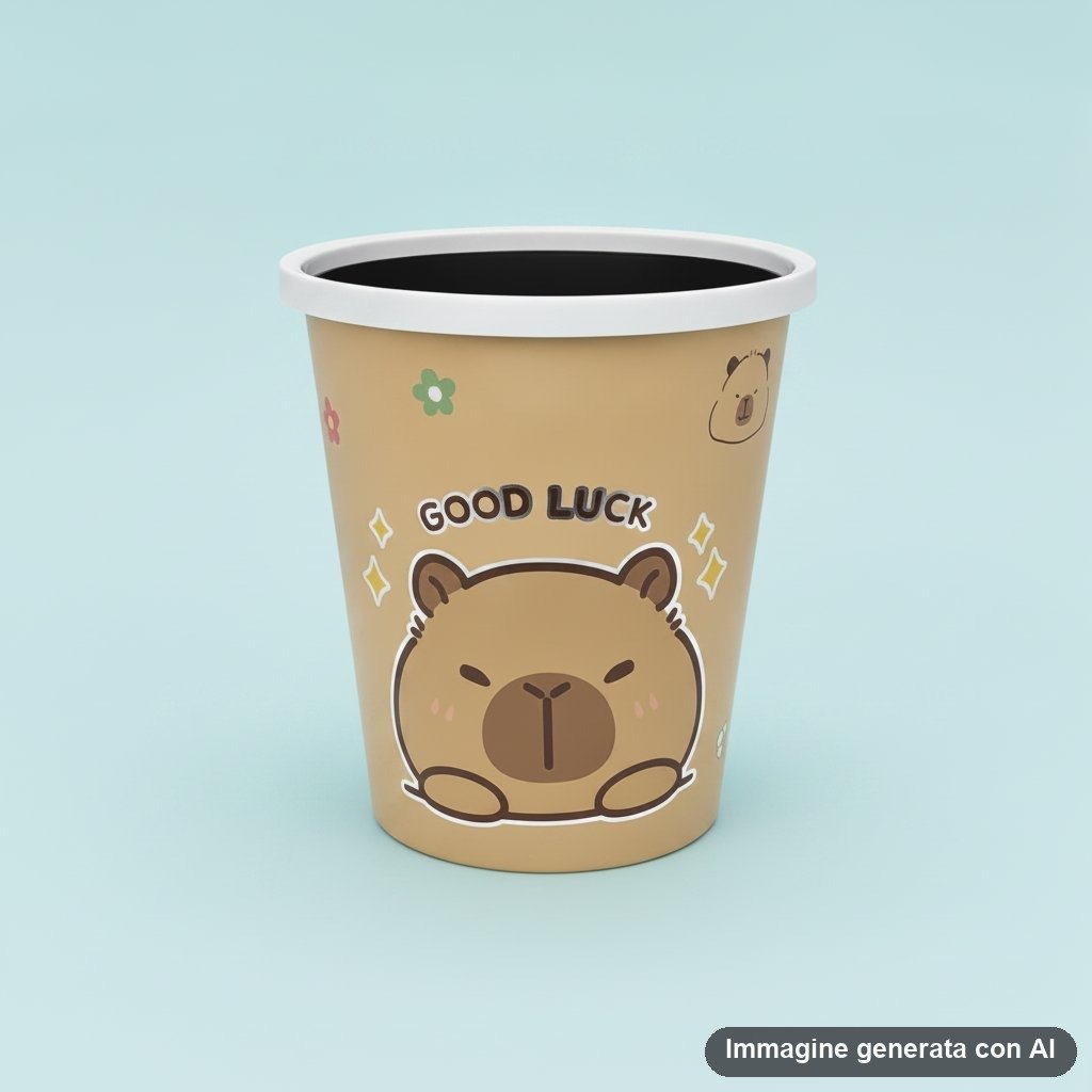 Cestino beige con capibara marrone kawaii e scritta Good Luck, fiori e stelline decorative, bordo bianco