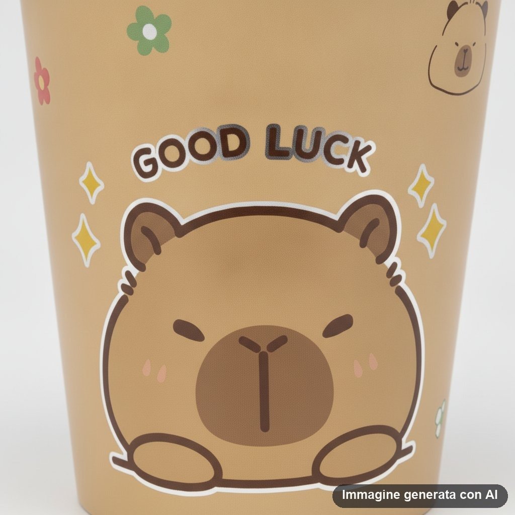 Cestino beige con capibara marrone kawaii e scritta Good Luck, fiori e stelline decorative, bordo bianco