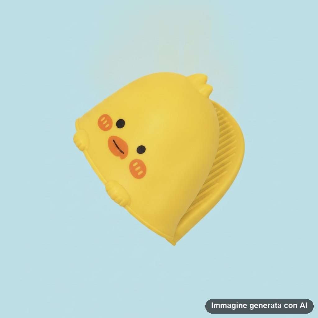 Presina in silicone giallo a forma di pulcino con faccina tenera e dettagli arancioni