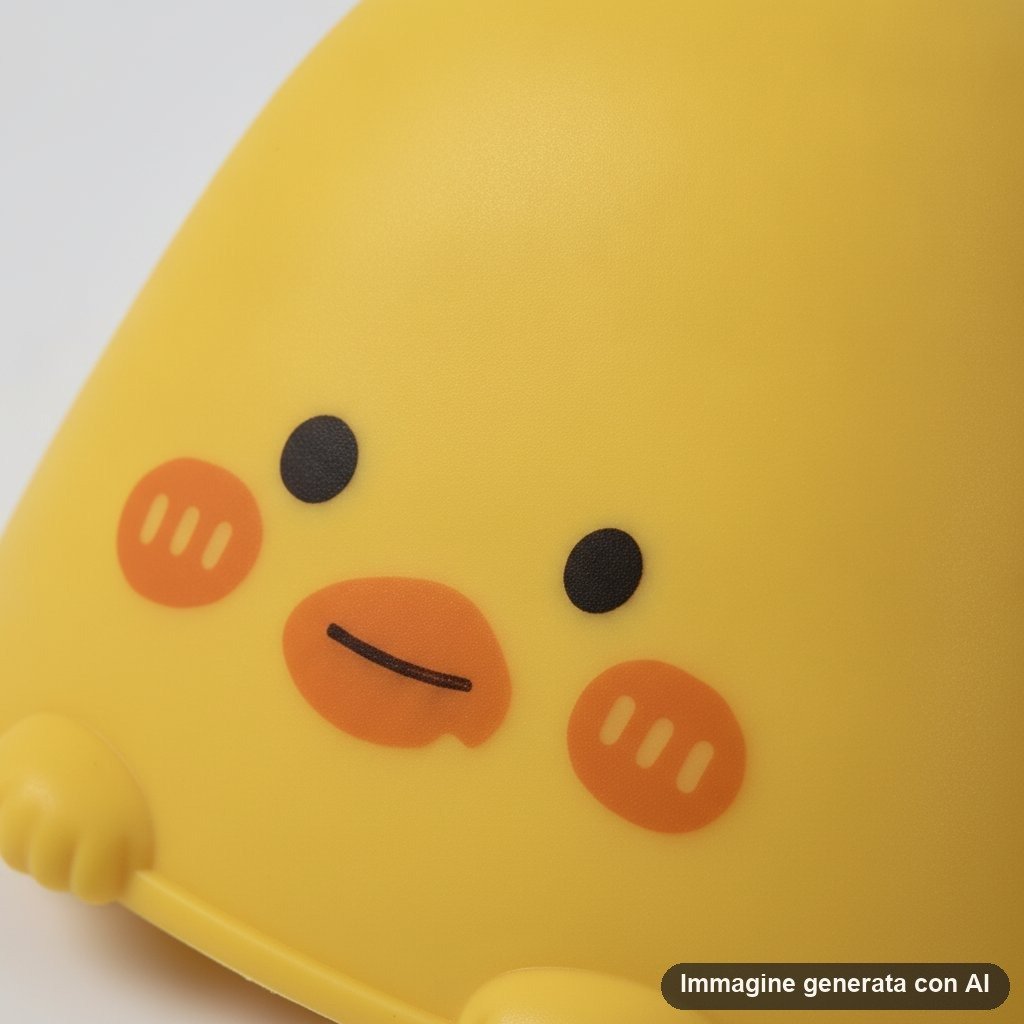 Presina in silicone giallo a forma di pulcino con faccina tenera e dettagli arancioni