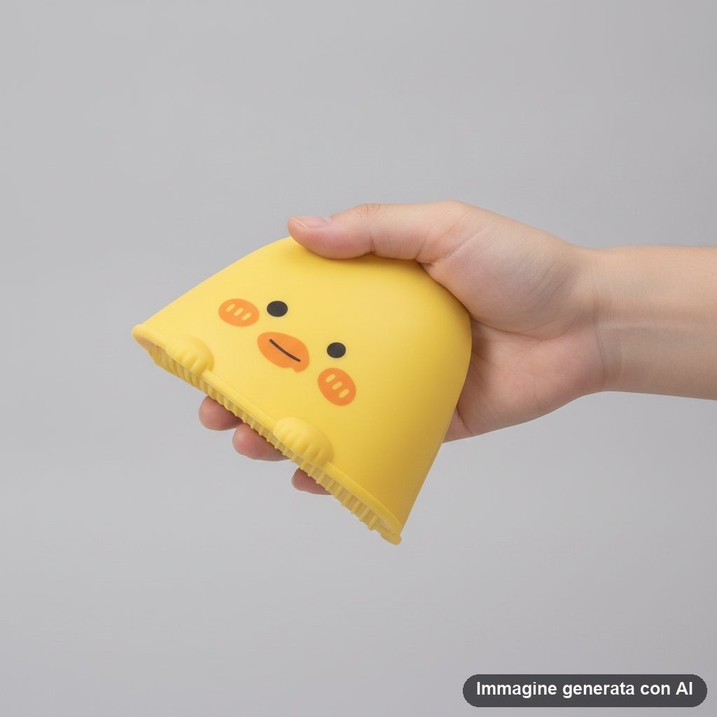 Presina in silicone giallo a forma di pulcino con faccina tenera e dettagli arancioni