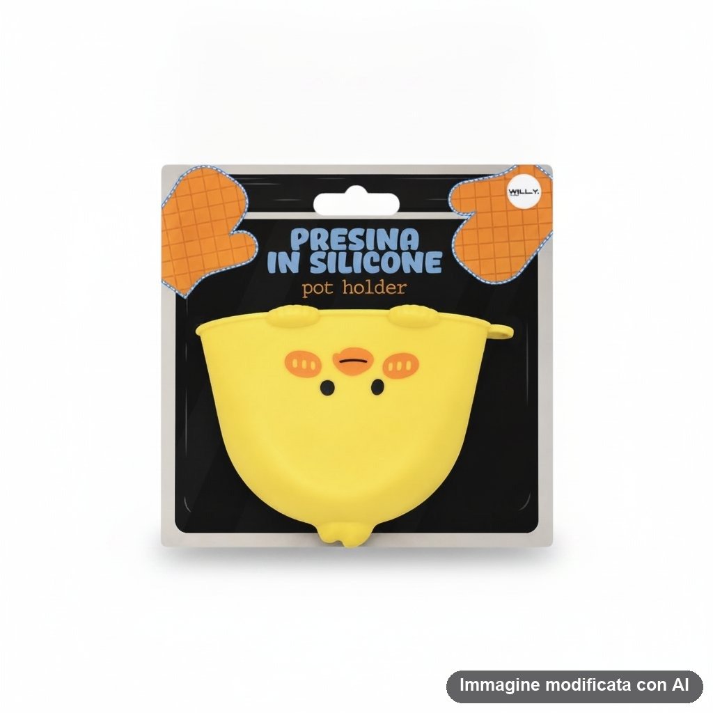 Presina in silicone giallo a forma di pulcino con faccina tenera e dettagli arancioni