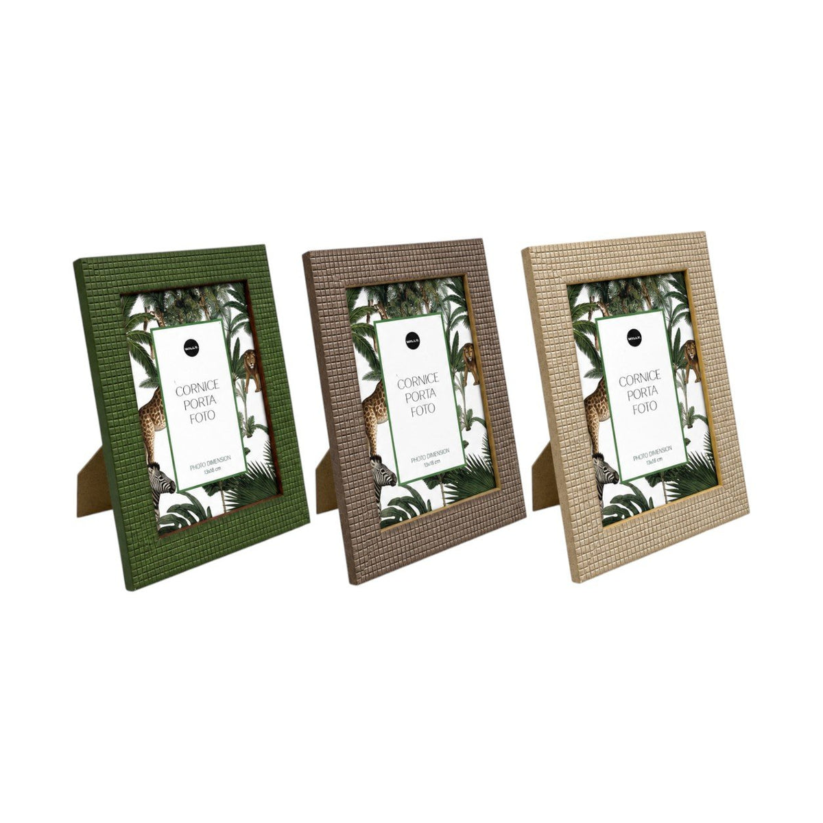 Tre cornici portafoto rettangolari con texture rilievo nei colori verde, marrone e beige, con disegno botanico interno