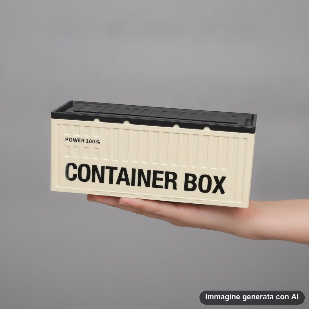 Contenitore rettangolare a forma di container in plastica avorio con coperchio nero apribile