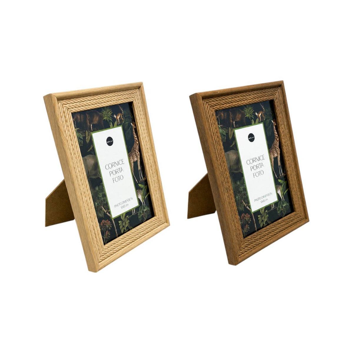 Due cornici portafoto in legno naturale con bordo intrecciato e interno decorato con motivi botanici scuri